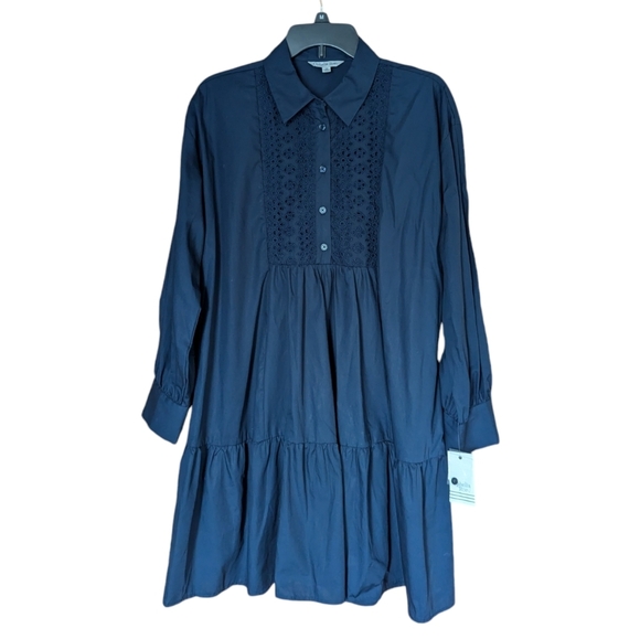 NWT Ophelia Roe Navy Collared Ruffle Dress Size M - Picture 1 of 8